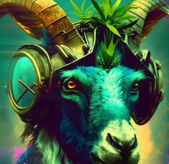 Goat in a helmet with a lens visor, looking straight ahead