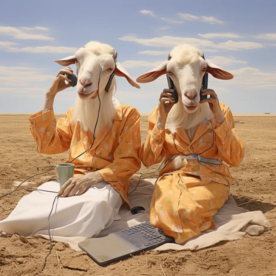 Two goats in linen sitting in the desert