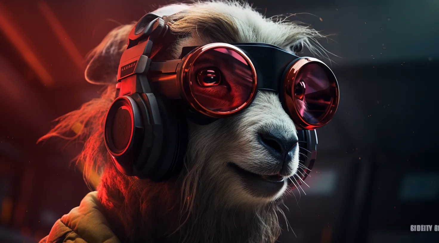 Goat wearing headphones and round goggles