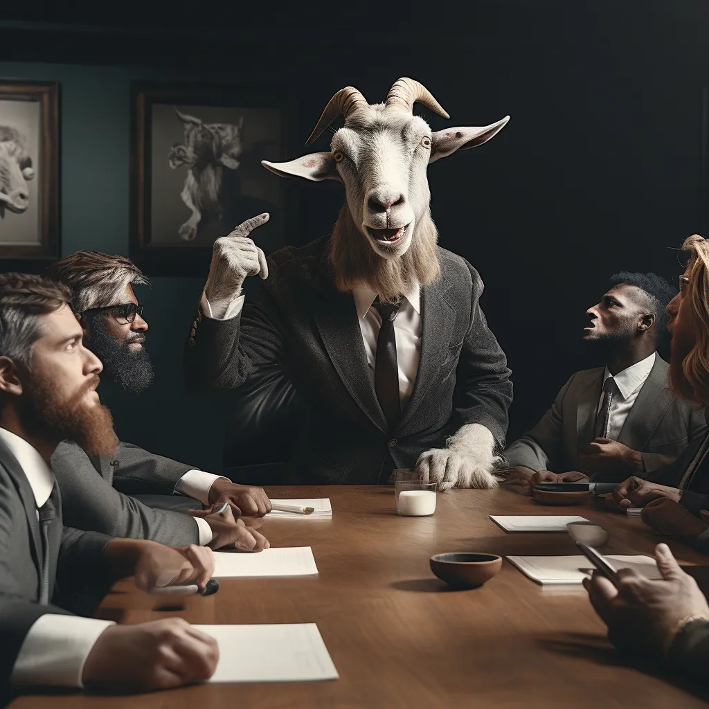 Goat presenting at a meeting table