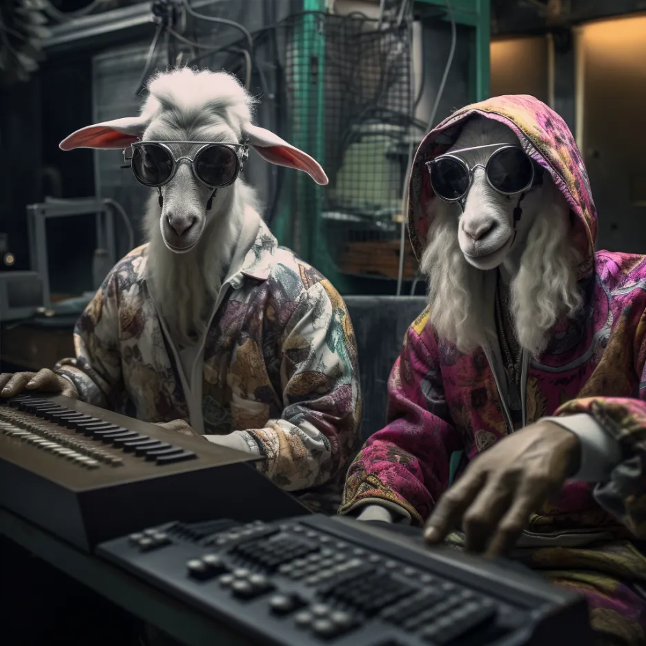 Two goats producing music at a mixing desk